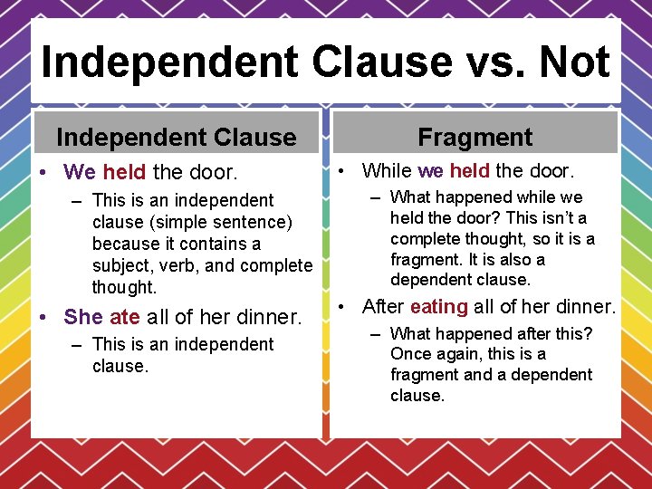 Independent Clause vs. Not Independent Clause • We held the door. – This is