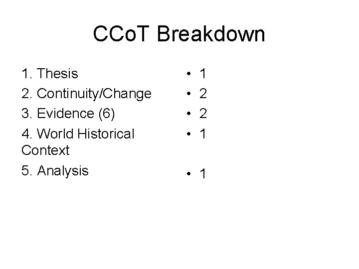 CCo. T Breakdown 1. Thesis 2. Continuity/Change 3. Evidence (6) 4. World Historical Context