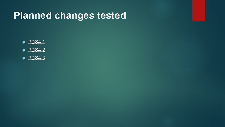 Planned changes tested PDSA 1 PDSA 2 PDSA 3 Planned changes tested PDSA 1 PDSA 2 PDSA 3