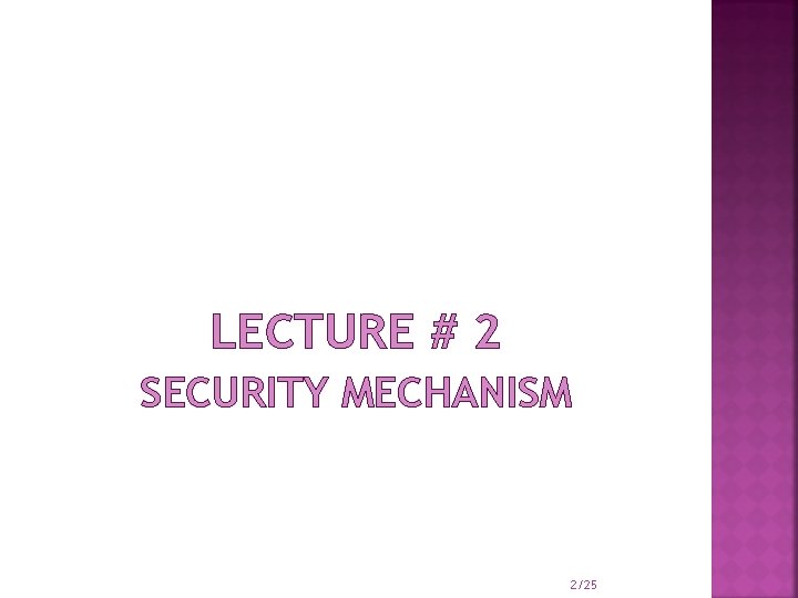 LECTURE # 2 SECURITY MECHANISM 2/25 