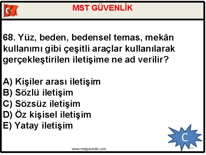 MST GÜVENLİK 68. Yüz, bedensel temas, mekân kullanımı gibi çeşitli araçlar kullanılarak gerçekleştirilen iletişime