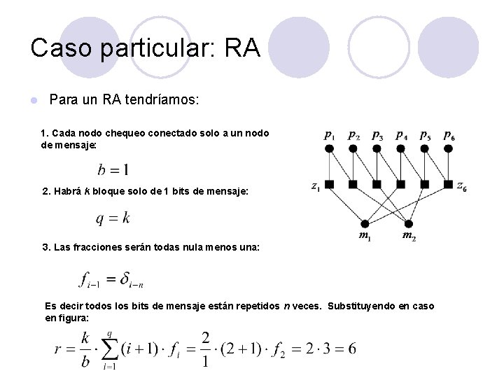 Caso particular: RA l Para un RA tendríamos: 1. Cada nodo chequeo conectado solo