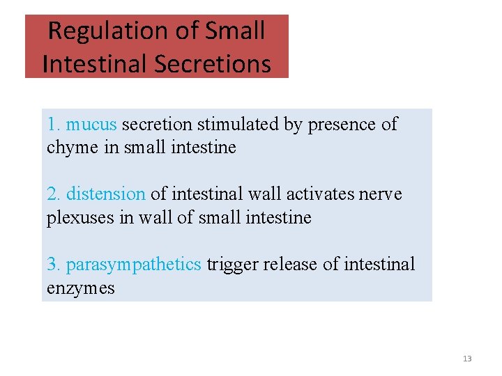 Regulation of Small Intestinal Secretions 1. mucus secretion stimulated by presence of chyme in