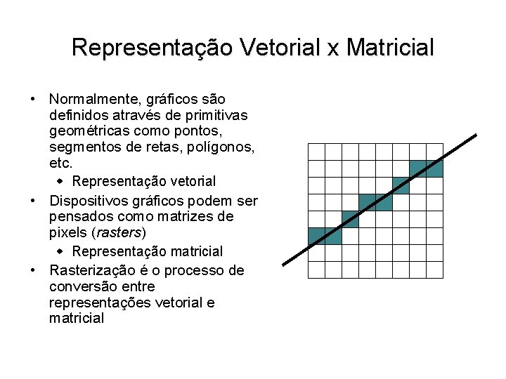 Representação Vetorial x Matricial • Normalmente, gráficos são definidos através de primitivas geométricas como