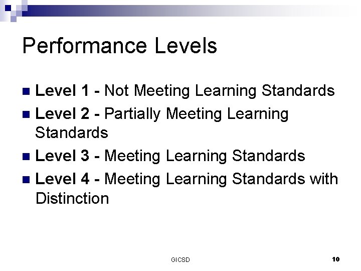 Performance Levels Level 1 - Not Meeting Learning Standards n Level 2 - Partially