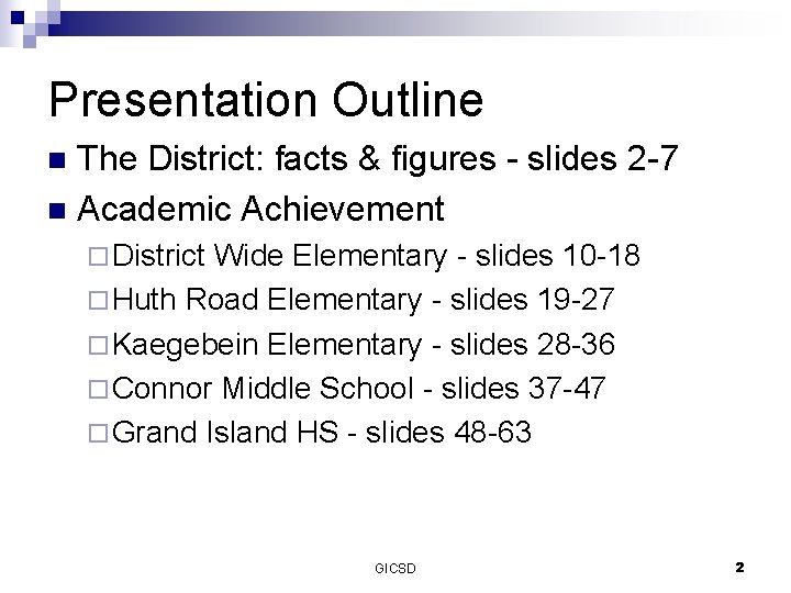 Presentation Outline The District: facts & figures - slides 2 -7 n Academic Achievement