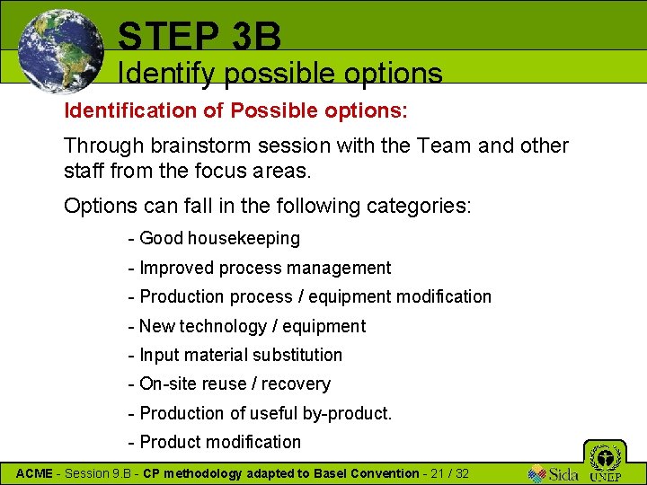 STEP 3 B Identify possible options Identification of Possible options: Through brainstorm session with