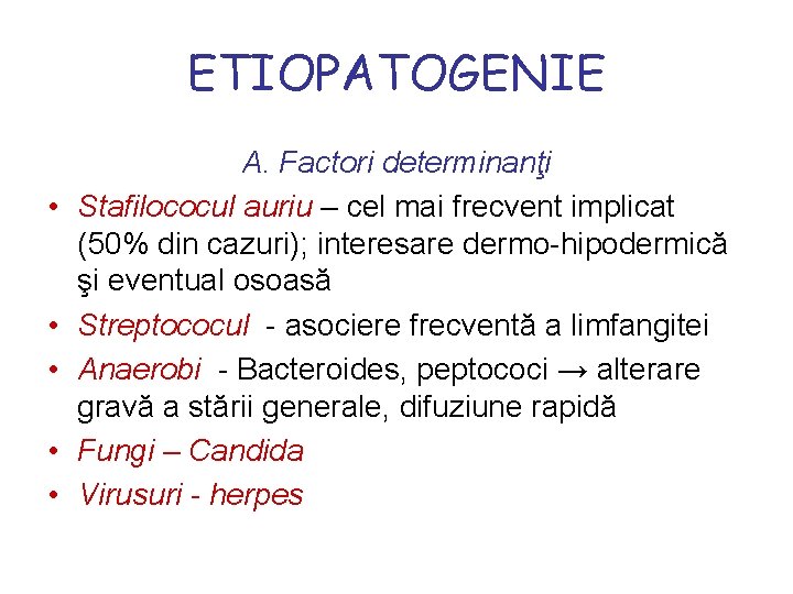 ETIOPATOGENIE • • • A. Factori determinanţi Stafilococul auriu – cel mai frecvent implicat