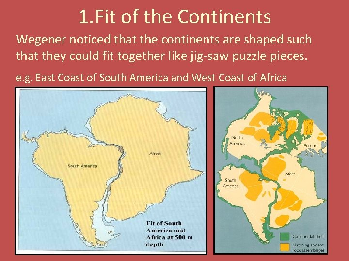 1. Fit of the Continents Wegener noticed that the continents are shaped such that