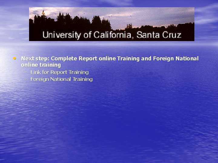  • Next step: Complete Report online Training and Foreign National online training –