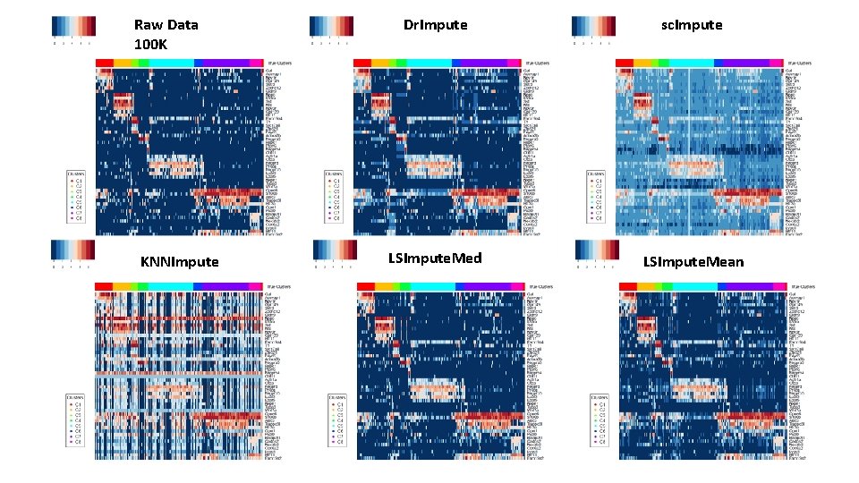 Raw Data 100 K KNNImpute Dr. Impute sc. Impute LSImpute. Med LSImpute. Mean 