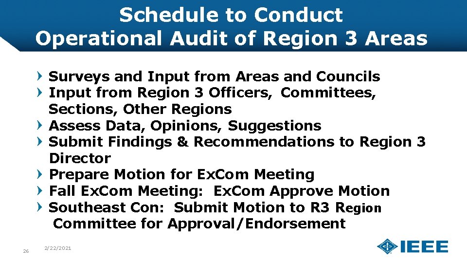 Schedule to Conduct Operational Audit of Region 3 Areas Surveys and Input from Areas