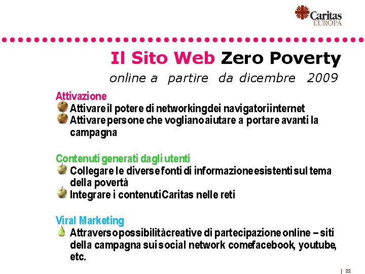 Il Sito Web Zero Poverty online a partire da dicembre 2009 Attivazione Attivare il