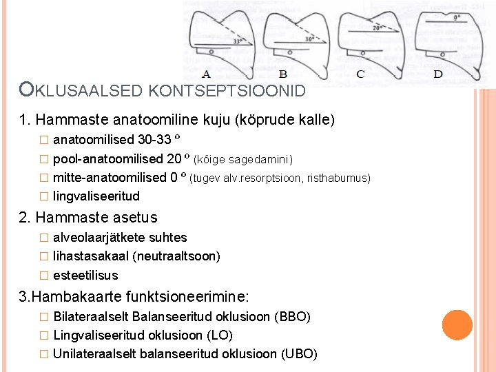 OKLUSAALSED KONTSEPTSIOONID 1. Hammaste anatoomiline kuju (köprude kalle) anatoomilised 30 -33 º � pool-anatoomilised