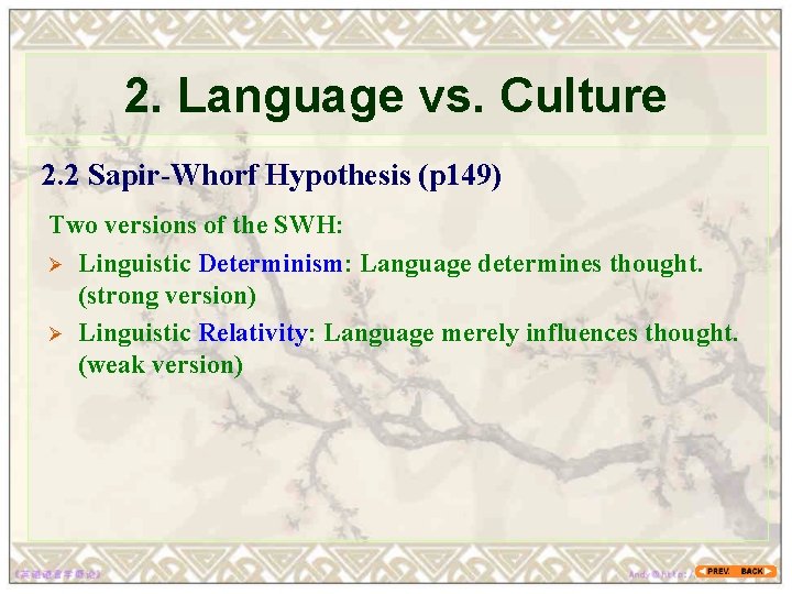 2. Language vs. Culture 2. 2 Sapir-Whorf Hypothesis (p 149) Two versions of the