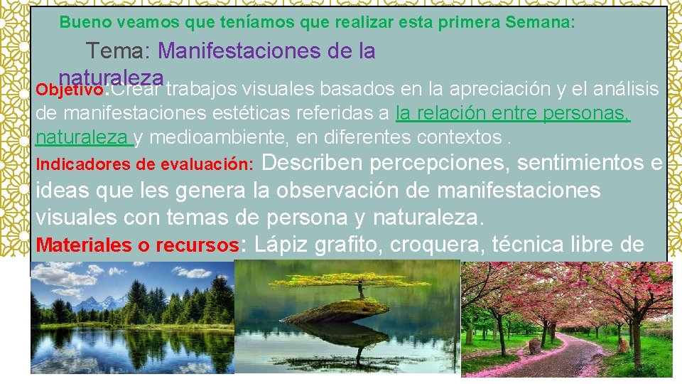 Bueno veamos que teníamos que realizar esta primera Semana: Tema: Manifestaciones de la naturaleza