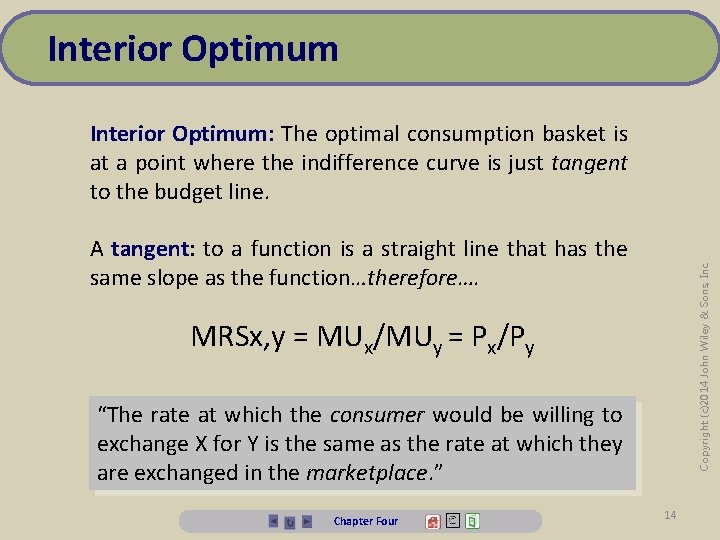 Interior Optimum: The optimal consumption basket is at a point where the indifference curve