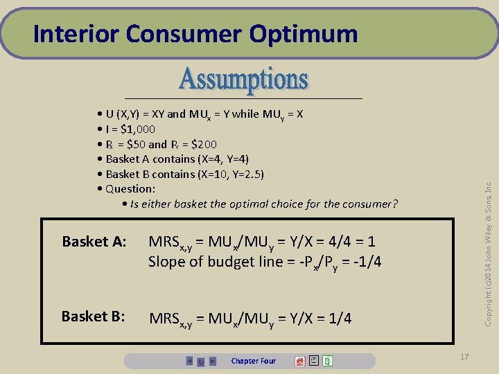 Interior Consumer Optimum Basket A: MRSx, y = MUx/MUy = Y/X = 4/4 =