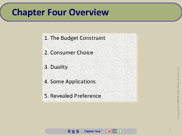 Chapter Four Overview 1. The Budget Constraint 2. Consumer Choice Copyright (c)2014 John Wiley