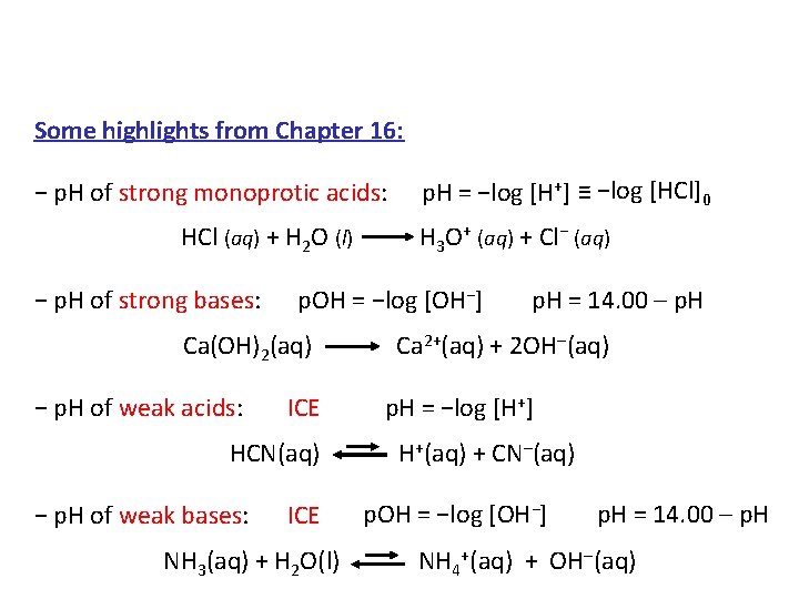 Some highlights from Chapter 16: − p. H of strong monoprotic acids: p. H