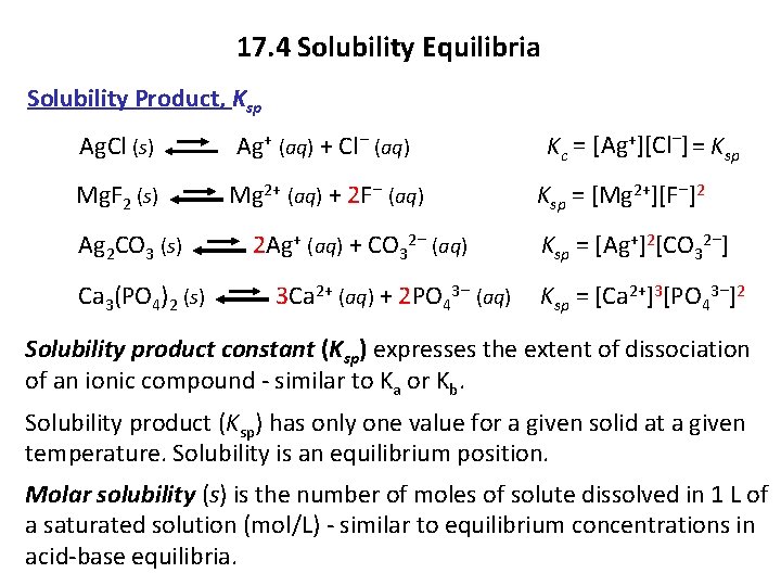 17. 4 Solubility Equilibria Solubility Product, Ksp Ag. Cl (s) Ag+ (aq) + Cl−