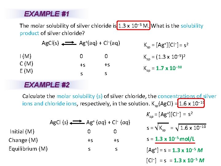 EXAMPLE #1 The molar solubility of silver chloride is 1. 3 x 10− 5