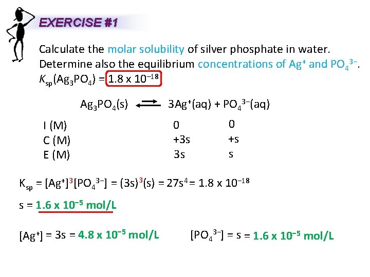 EXERCISE #1 Calculate the molar solubility of silver phosphate in water. Determine also the