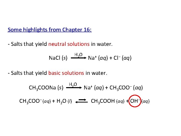 Some highlights from Chapter 16: - Salts that yield neutral solutions in water. H