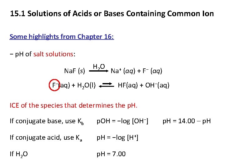 15. 1 Solutions of Acids or Bases Containing Common Ion Some highlights from Chapter