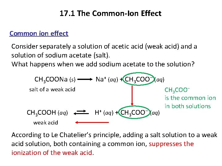 17. 1 The Common-Ion Effect Common ion effect Consider separately a solution of acetic
