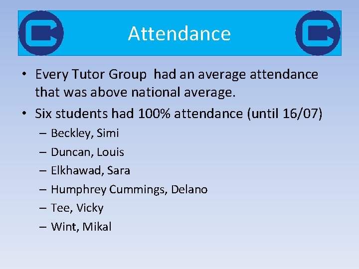 Attendance • Every Tutor Group had an average attendance that was above national average.