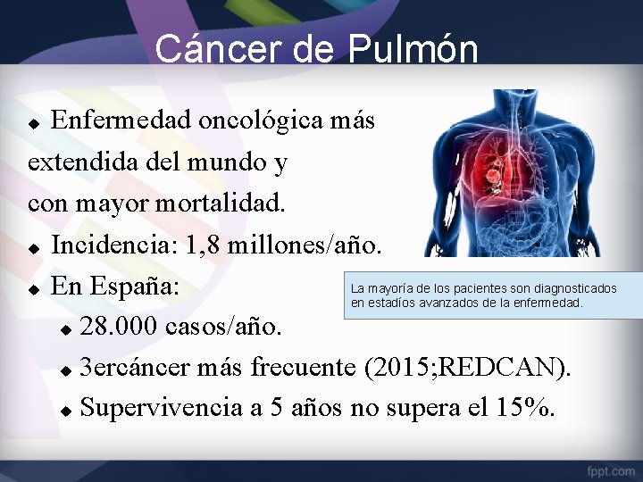 Cáncer de Pulmón Enfermedad oncológica más extendida del mundo y con mayor mortalidad. Incidencia: