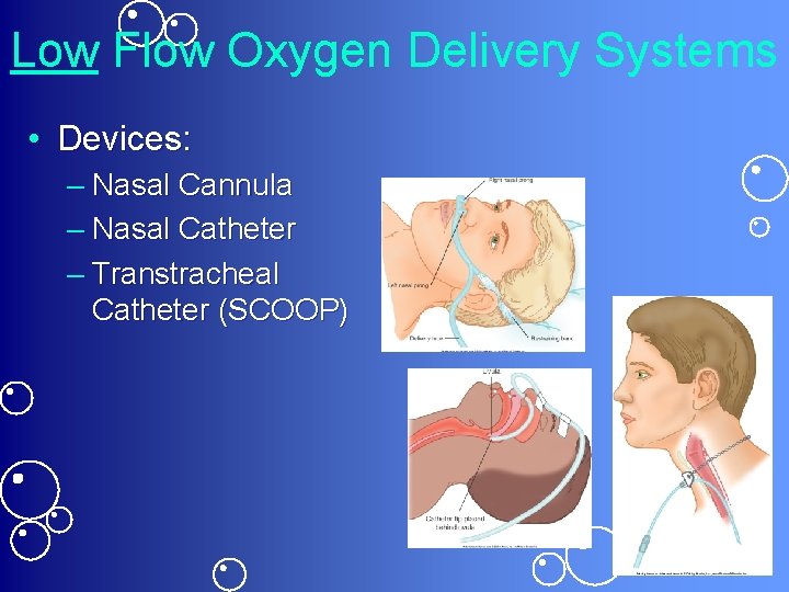 Low Flow Oxygen Delivery Systems • Devices: – Nasal Cannula – Nasal Catheter –