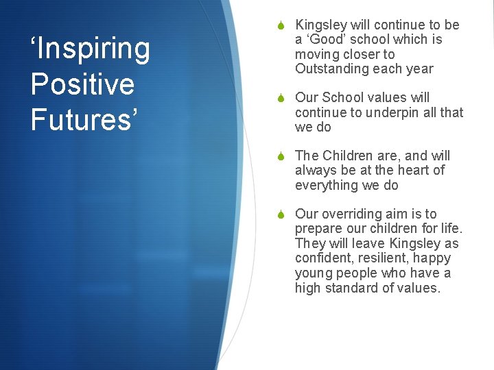 ‘Inspiring Positive Futures’ S Kingsley will continue to be a ‘Good’ school which is