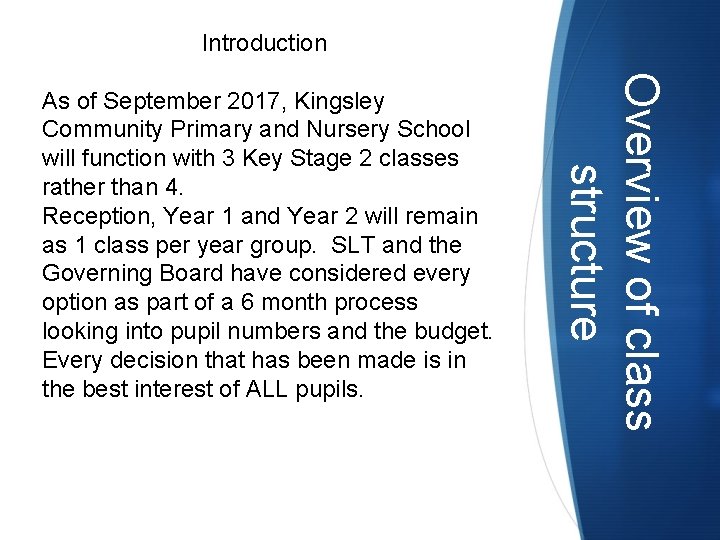 Introduction Overview of class structure As of September 2017, Kingsley Community Primary and Nursery