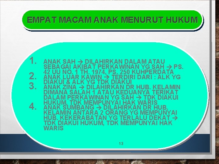 EMPAT MACAM ANAK MENURUT HUKUM 1. 2. 3. 4. ANAK SAH DILAHIRKAN DALAM ATAU