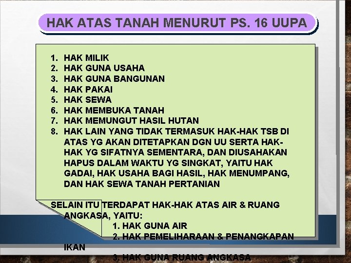 HAK ATAS TANAH MENURUT PS. 16 UUPA 1. 2. 3. 4. 5. 6. 7.