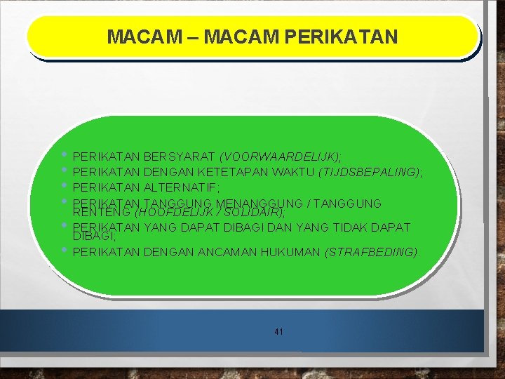 MACAM – MACAM PERIKATAN • PERIKATAN BERSYARAT (VOORWAARDELIJK); • PERIKATAN DENGAN KETETAPAN WAKTU (TIJDSBEPALING);