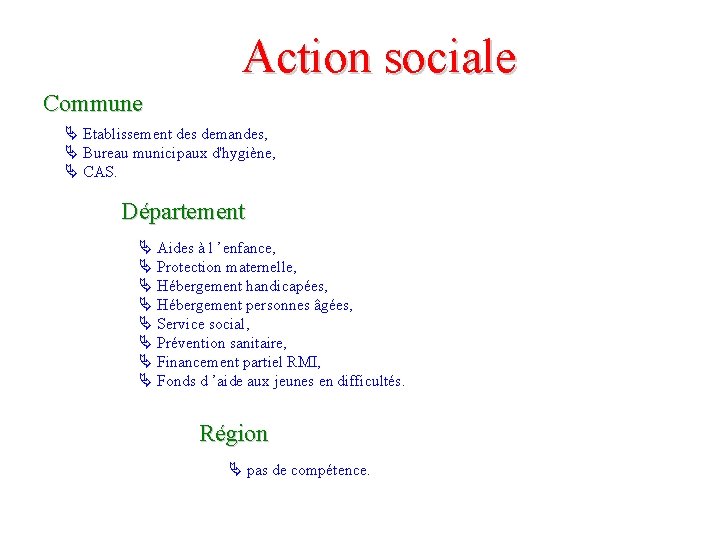 Action sociale Commune Etablissement des demandes, Bureau municipaux d'hygiène, CAS. Département Aides à l