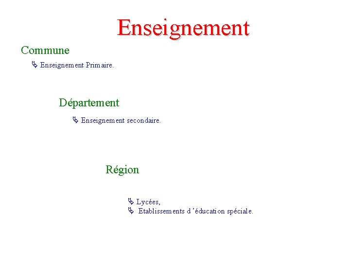 Enseignement Commune Enseignement Primaire. Département Enseignement secondaire. Région Lycées, Etablissements d ’éducation spéciale. 