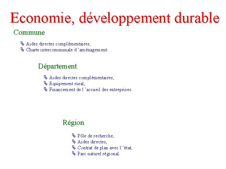 Economie, développement durable Commune Aides directes complémentaires, Charte intercommunale d ’aménagement. Département Aides directes