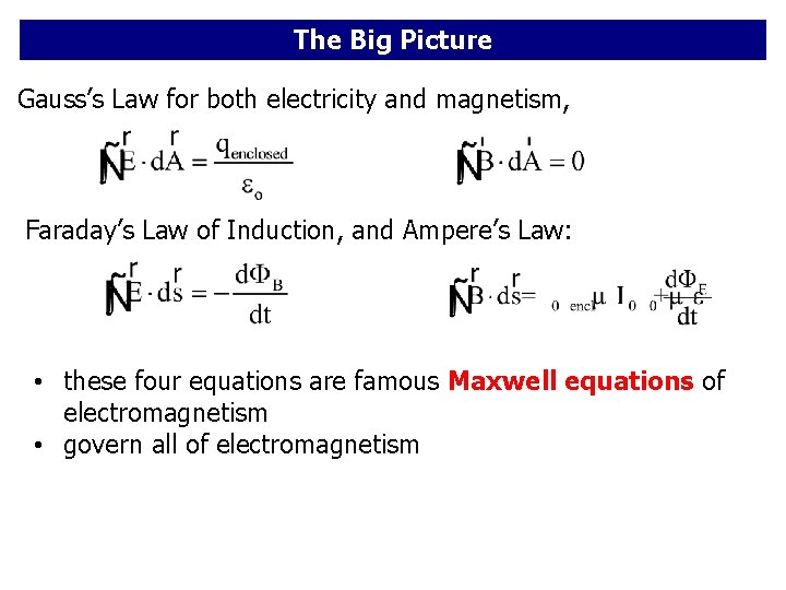 The Big Picture Gauss’s Law for both electricity and magnetism, Faraday’s Law of Induction, The Big Picture Gauss’s Law for both electricity and magnetism, Faraday’s Law of Induction,