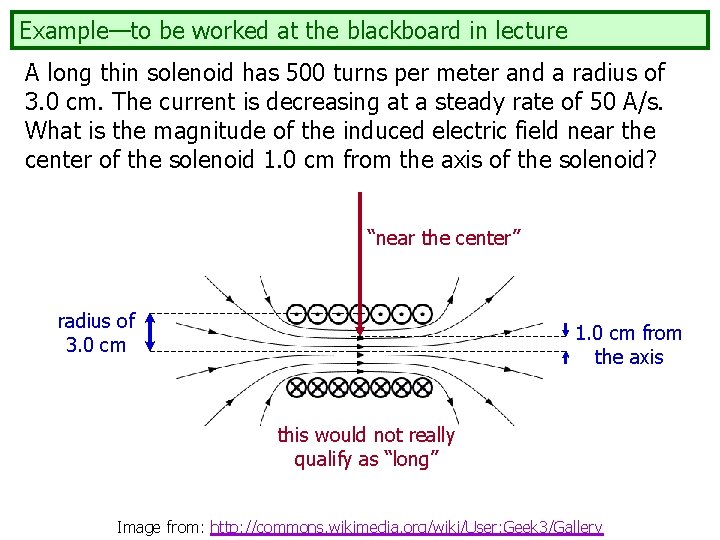 Example—to be worked at the blackboard in lecture A long thin solenoid has 500 Example—to be worked at the blackboard in lecture A long thin solenoid has 500