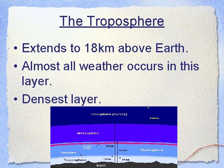 The Troposphere • Extends to 18 km above Earth. • Almost all weather occurs