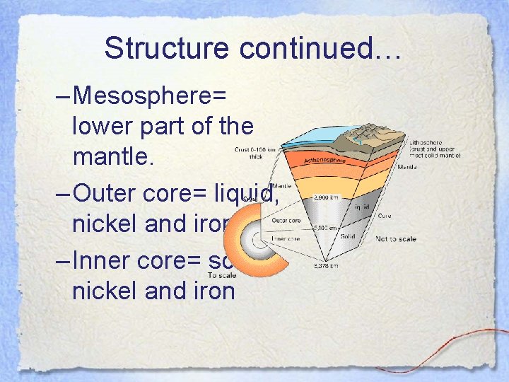 Structure continued… – Mesosphere= lower part of the mantle. – Outer core= liquid, nickel