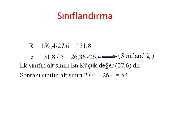 Sınıflandırma R = 159, 4 -27, 6 = 131, 8 (Sınıf aralığı) c =