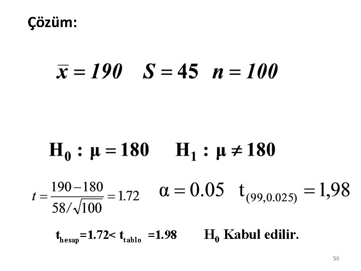 Çözüm: thesap=1. 72< ttablo =1. 98 H 0 Kabul edilir. 58 