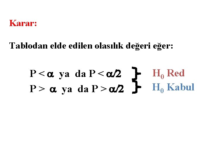 Karar: Tablodan elde edilen olasılık değeri eğer: P < ya da P < /2