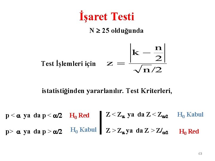 İşaret Testi N 25 olduğunda Test İşlemleri için istatistiğinden yararlanılır. Test Kriterleri, p <