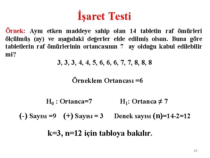 İşaret Testi Örnek: Aynı etken maddeye sahip olan 14 tabletin raf ömürleri ölçülmüş (ay)